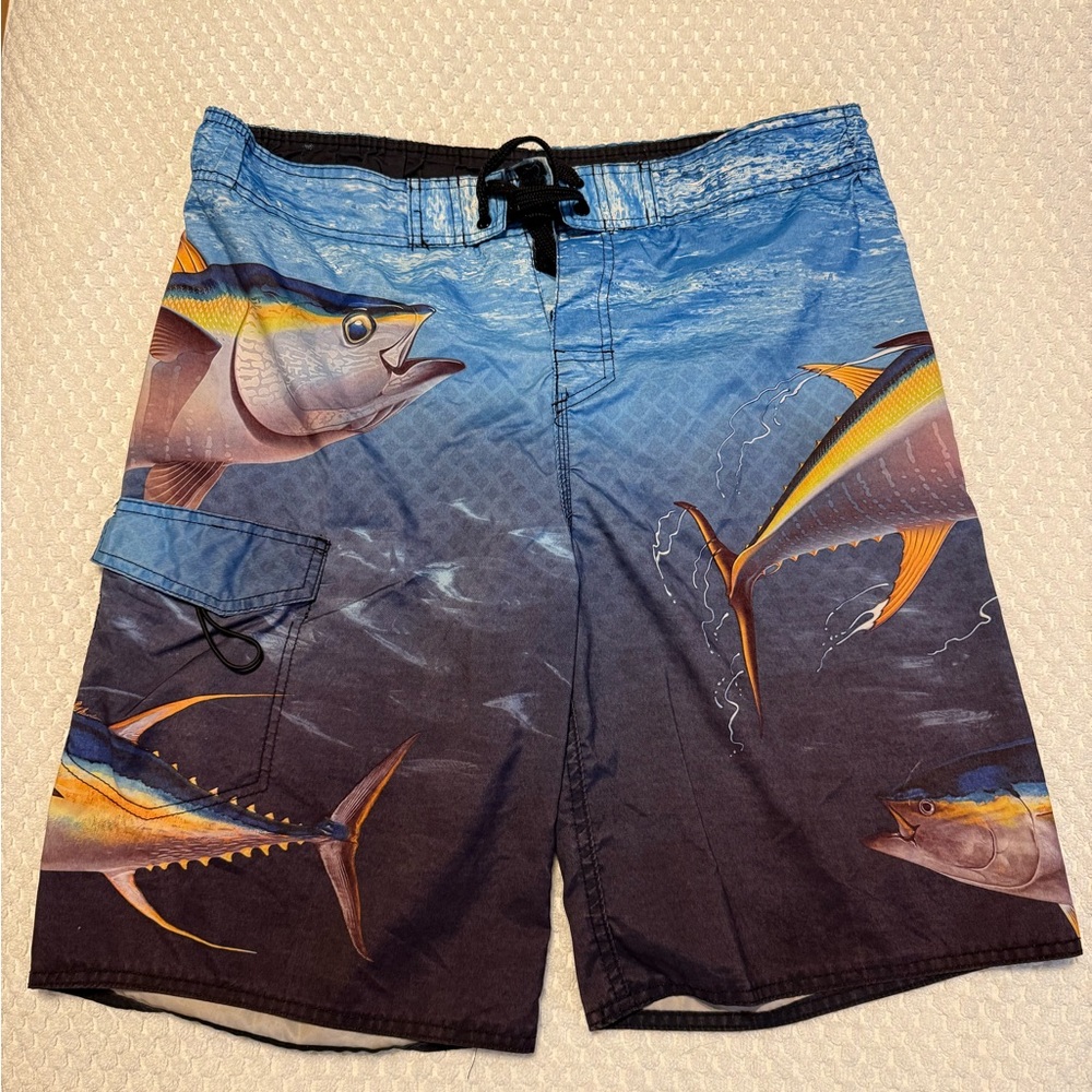 US Apparel Men's Blue Fish Print Swim Shorts